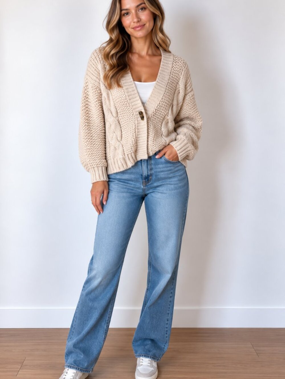 Kersh Soft Blush Cable Knit Cardigan with Decorative Button
